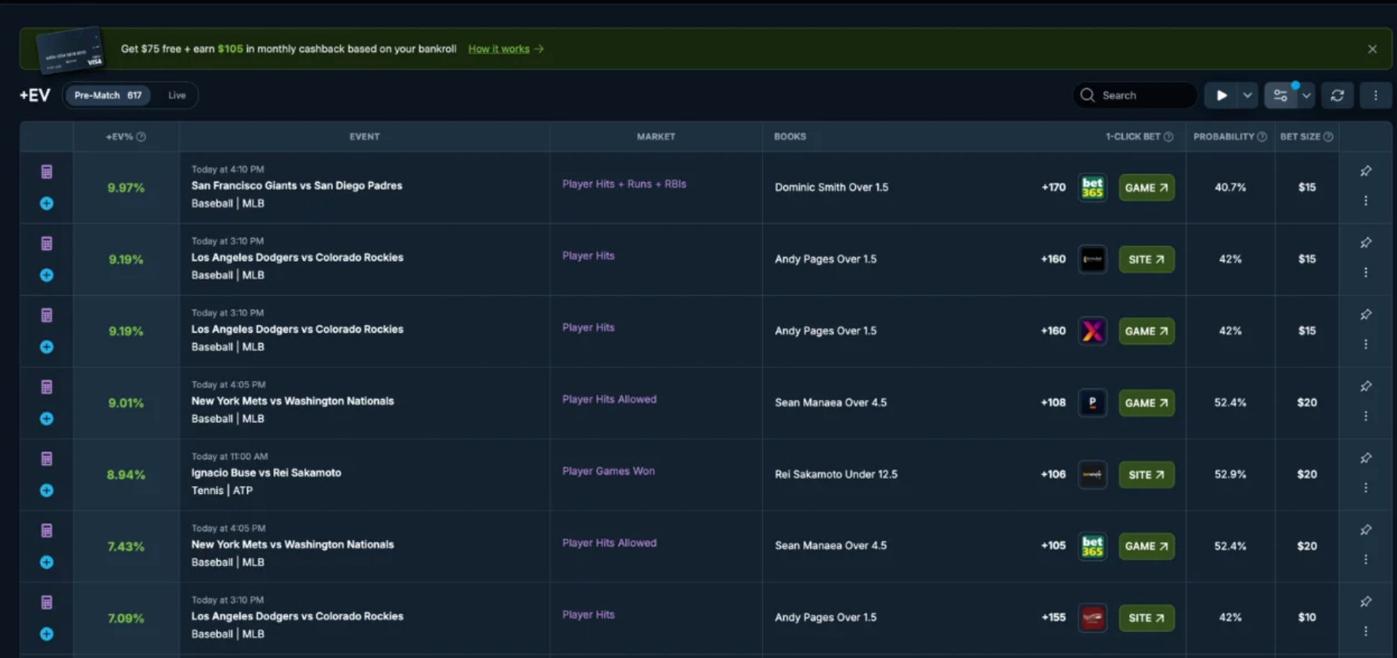 OddsJam Positive EV tool example screenshot