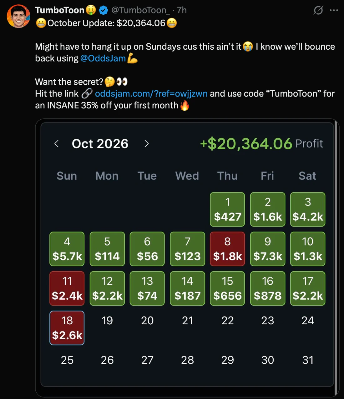 Screenshot of a public post from TumboToon showing their sports betting or trading experience
