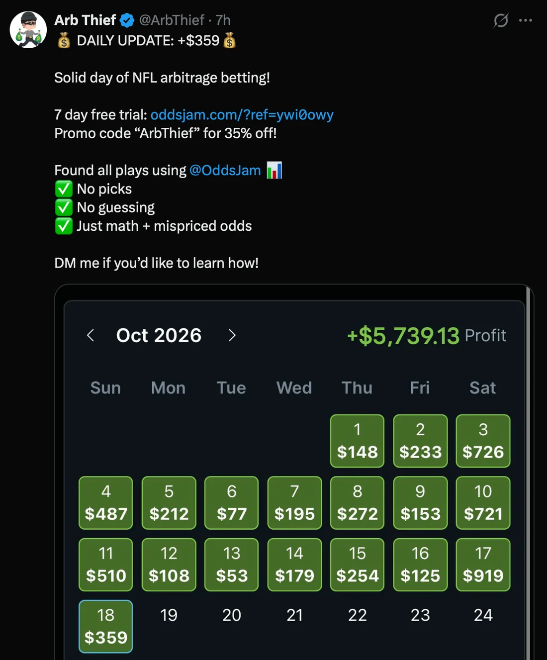 Screenshot of a public post from Arb Thief showing their sports betting or trading experience