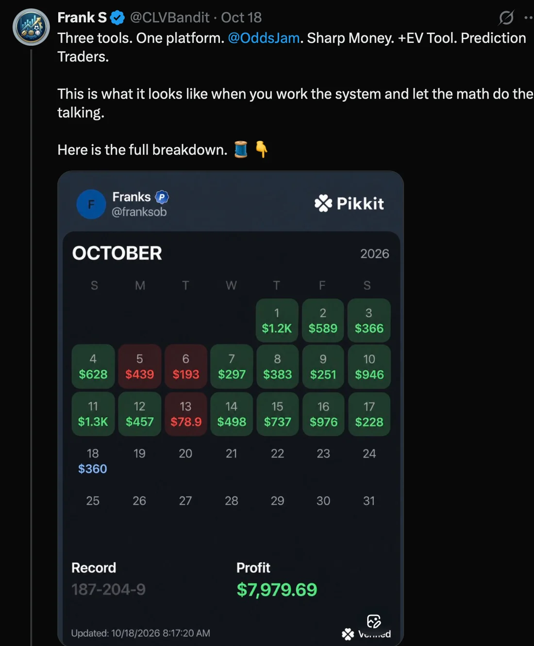 Screenshot of a public post from Frank S showing their sports betting or trading experience