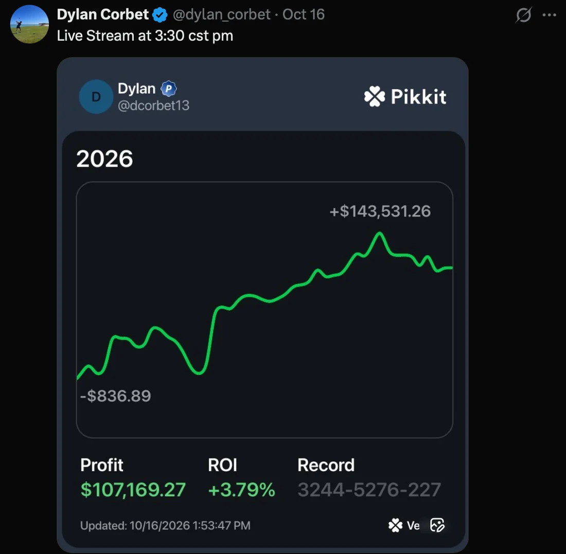 Screenshot of a public post from Dylan Corbet showing their sports betting or trading experience