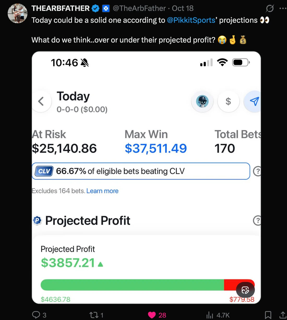 Screenshot of a public post from THEARBFATHER showing their sports betting or trading experience
