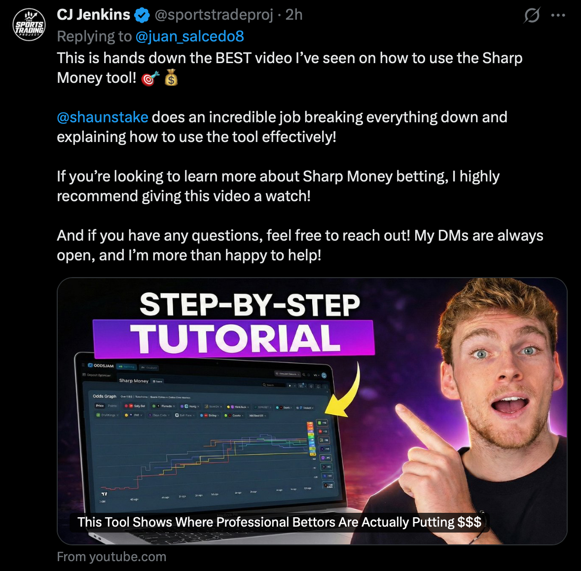 Screenshot of CJ Jenkins recommending Shaunstake's step-by-step Sharp Money tutorial video